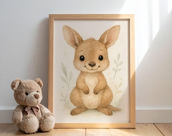 Kangaroo Nursery Print, Cute Watercolour Kangaroo Print, Kids Room Printable Artwork, Baby Animal Print,  Neutral Nursery Print, Boho Decor