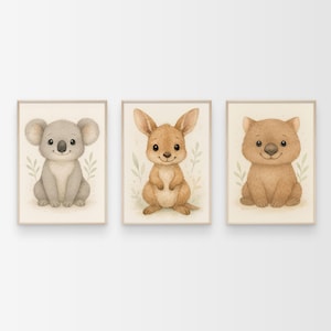 Set of 3 Australian Animals Nursery Print, Koala Kangaroo Wombat Print, Kids Room Printable Artwork, Neutral Nursery Print, Boho Poster