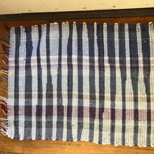 Handwoven Blue and White Striped Wool Rag Rug