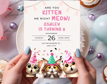 Bewerkbare verjaardagsuitnodiging kat, Kitty Party (digitale sjabloon)