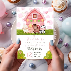 Farm Animals Birthday Invitation: Pink Barn, Girl&#39;s First Birthday (Canva Template)