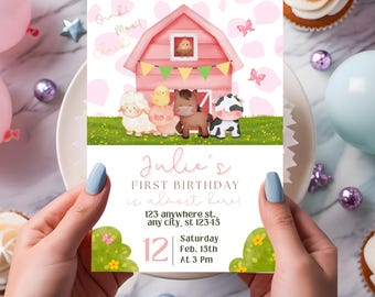 Einladung zum Kindergeburtstag: rosa Scheune, Mädchens erster Geburtstag (Canva Template)