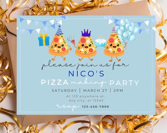 May include: A blue and white invitation card with a pizza party theme. The card features three cartoon pizzas with happy faces, wearing party hats and holding gifts. The text on the card reads "Please join us for Nico's Pizza Making Party, Saturday March 27 | 2PM, At 123 anywhere st., any city, st 12345, rsvp 123-456-7890".
