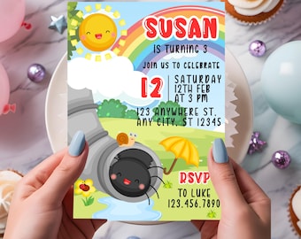 May include: A colorful birthday invitation for Susan's 3rd birthday party. The invitation features a cartoon sun, rainbow, spider, and snail. The text reads "Susan is turning 3. Join us to celebrate Saturday 12th Feb at 3 PM. 123 Anywhere St. Any City, ST 12345. RSVP to Luke 123.456.7890."