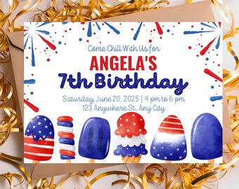 Puede incluir: Una invitación de cumpleaños con temática patriótica. La invitación dice "Come Chill With Us for ANGELA'S 7th Birthday" con la fecha y hora. El diseño incluye paletas y fuegos artificiales rojos, blancos y azules.
