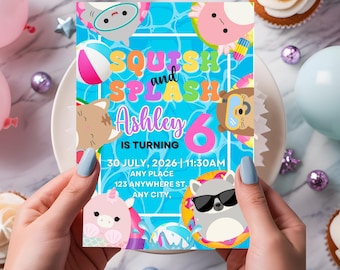 Squishmallow Birthday Invitation: Pool Party, Editable Template (Digital Download