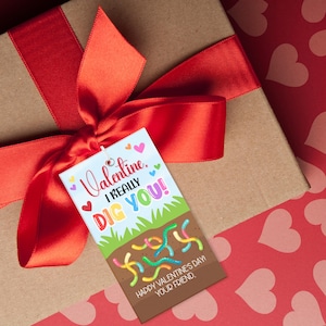 I Really Dig You Valentine&#39;s Day Gift Tag Template, Printable Gummy Worms Valentine Favor Tag, Editable Class School Tag, Instant Download