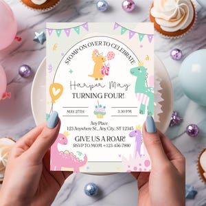 Pastel Dinosaur Birthday Invitation Girl: Three Rex Party (Editable Canva Template)