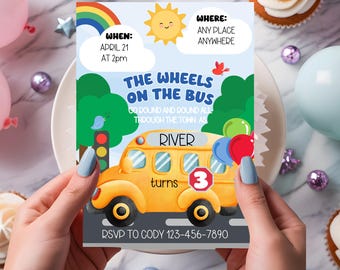 Wheels on the Bus Birthday Invitation: School Bus Party (Instant Download)