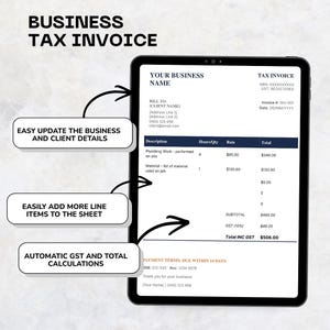 Könnte beinhalten: Eine digitale Steuerrechnung, die auf einem Tablet angezeigt wird. Die Rechnung enthält Felder für Unternehmens- und Kundendaten, Einzelpositionen und automatische Mehrwertsteuerberechnungen. Der Text auf dem Bild enthält "Business Tax Invoice".