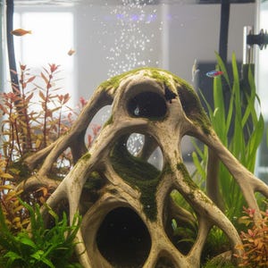 May include: An aquarium scene featuring a large, light-colored driftwood structure with multiple openings, covered in green moss. The tank includes aquatic plants in shades of green and red, and several small fish swimming around.