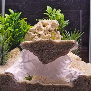 Peut inclure: Aménagement d'aquarium avec une formation rocheuse texturée en couches, de couleur marron clair et blanche. Des plantes artificielles vertes et du sable créent un environnement sous-marin naturel. Le fond est sombre.