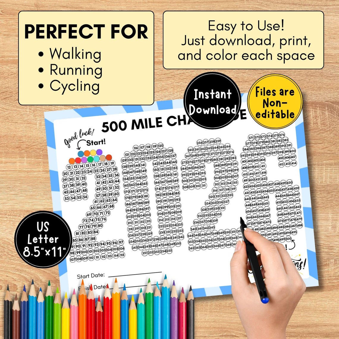 500 Mile Challenge for 2026, 500 Mile Tracker, Walking Tracker, Running ...