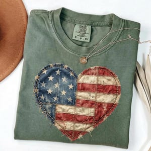 Comfort Colors®Vintage American Flag Heart Shirt, Patriotic Patchwork Shirt, 4th of July Shirt, USA Flag Heart Tee, Independence Day Shirt