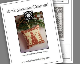 PDF Cross Stitch Pattern for Redwork Nordic Snowman Ornament