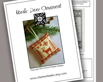 PDF Cross Stitch Pattern for Redwork Nordic Deer Ornament