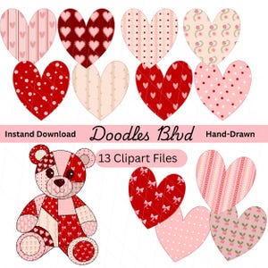 Quilted Teddy Bear • Patchwork Hearts • 300 DPI • PNG • Clipart • Instant Download