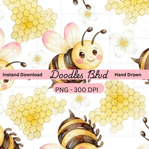 Watercolor Honey Bee Seamless Pattern • 300 DPI • PNG • Digital Paper • Instant Download •  Repeat Pattern • Hand-Drawn