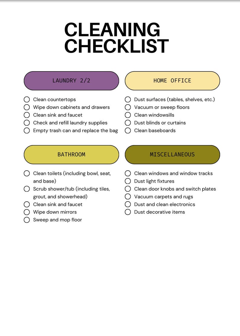 Printable- Cleaning Checklist- Instant Download PDF - Etsy