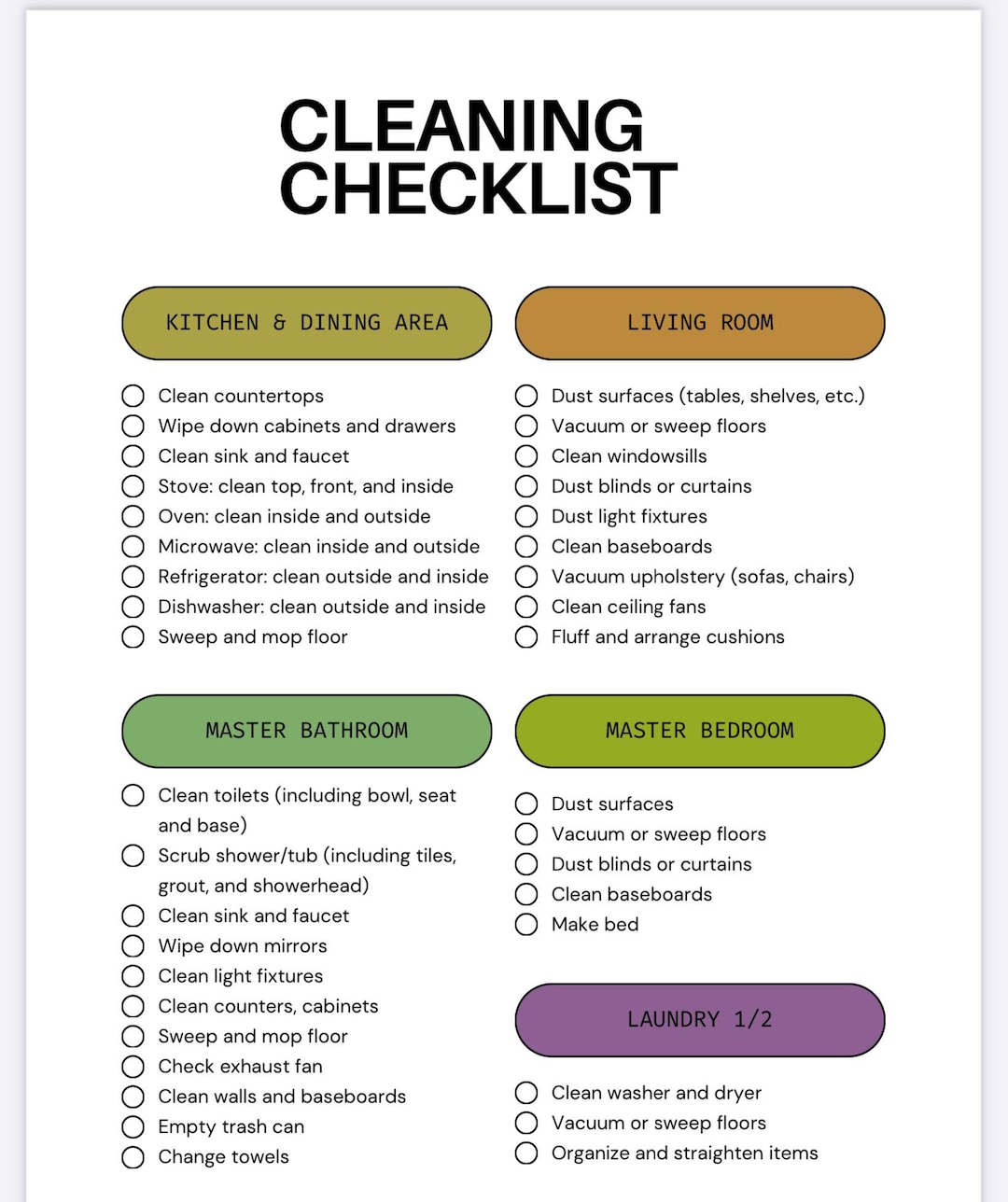 Printable Cleaning Checklist Instant Download PDF Etsy
