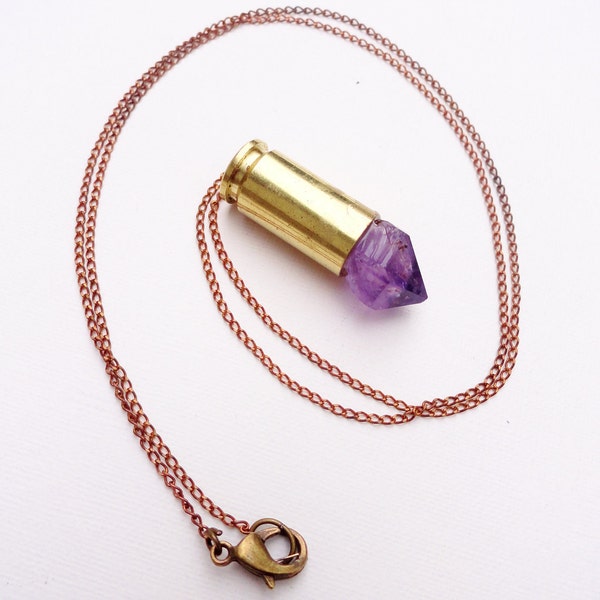 Little Raw Amethyst Crystal Bullet Pendant on Red Brass Chain