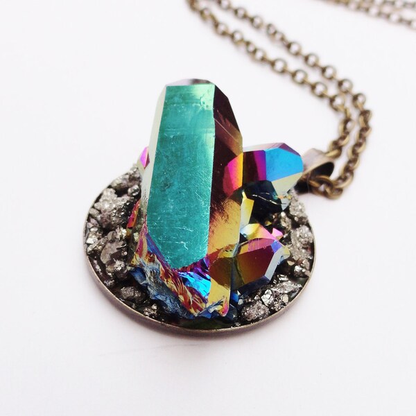 Rainbow Titanium Aura Quartz and Pyrite Pendant on Brass Chain