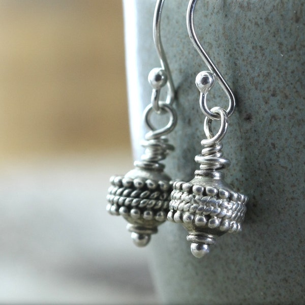 Silver Boho Earrings, Solid Sterling Silver, Simple Drops Dangle Everyday Earrings Zen Jewelry Tibetan Prayer Wheels Gift Under 50