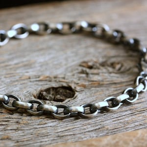 Heavy Sterling Silver Bracelet, 7", 7.5", 8", 8.5", 9" Rolo Chain Bracelet, Mens Womens Chunky Rustic Rolo Bracelet, Oxidized Bright