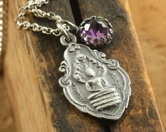 Silver Buddha Necklace, Buddha Jewelry,  Meditation Jewelry Om Ohm Aum Buddhist Jewelry Amethyst Gemstone Gift for Friend Wife Daughter