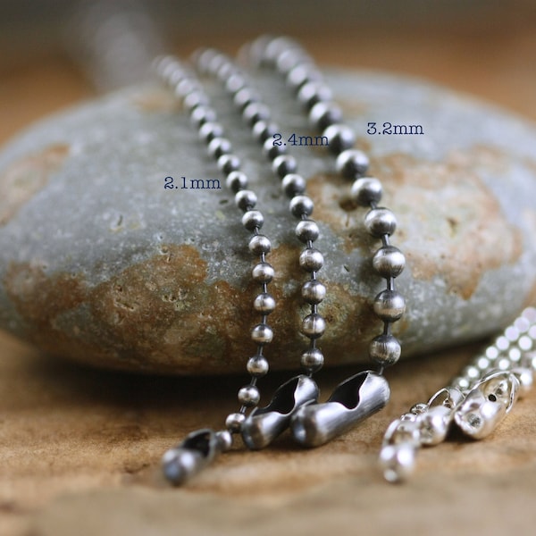Sterling Silver Bead Ball Chain, 2.1mm, 2.4mm, 3.2mm, 4mm, Dog Tag Chain,  Oxidized Bright Rustic .925, Charms Pendant