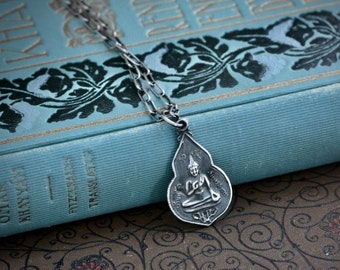 Silver Buddha Necklace, Handcrafted 925 Sterling, Yoga Jewelry, Sterling Paperclip Chain