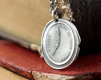 Feather Wax Seal Necklace,  Flow on Thou Sweet Stream, Gift for Writer Book Lover, Storyteller, Sterling Silver Pendant