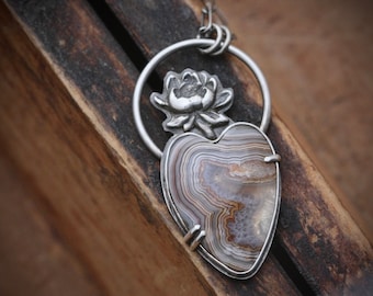 Lace Agate Heart Necklace. Lotus Pendant, Sterling Silver, Artisan Jewelry, Lovingkindness, Buddhist