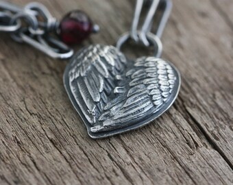 Solid Sterling Silver Angel Wing Heart Necklace, Winged Heart Pendant, Paperclip Chain, Love Always on Back, Handcrafted