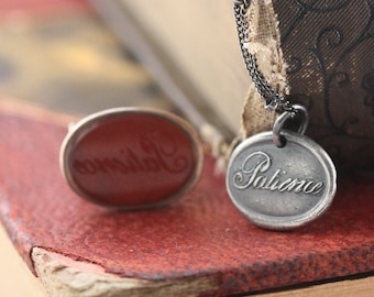 Patience Wax Seal Necklace, Inspirational Quote Charm, Sterling Silver Victorian Pendant, Love is Patient