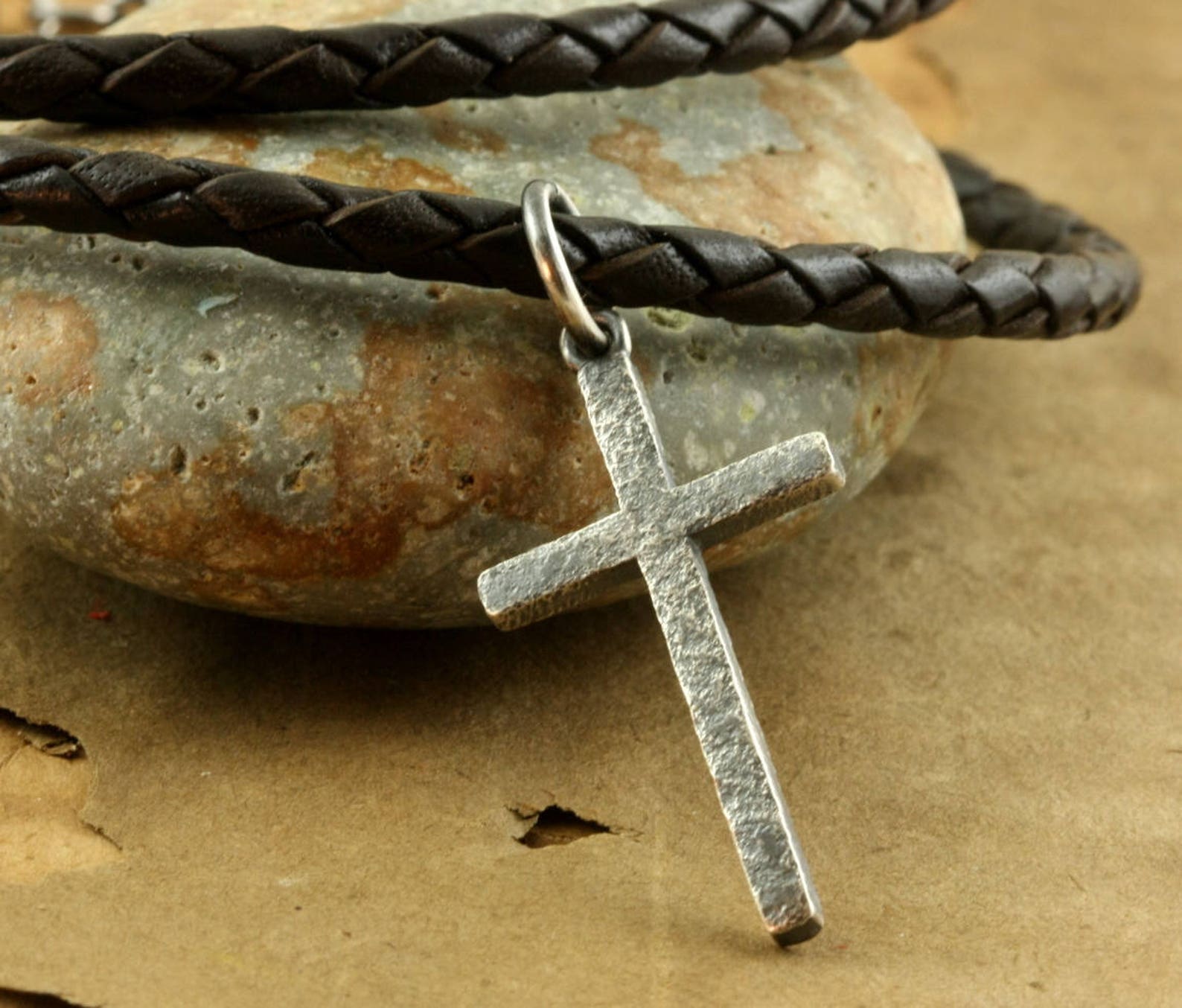 Mens Leather Cross Necklace, Rustic Sterling Silver Cross, Christian