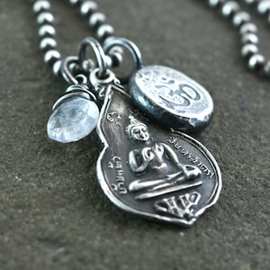 Buddha Om Necklace,  Aum Ohm Symbol, Rainbow Moonstone, Solid Sterling Silver, Mudra Necklace, Sterling Ball Bead Chain