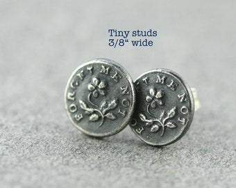 Forget Me Not Wax Seal Earrings, Two Hearts Forever, Edwardian Bespoke Studs, Small Sterling Silver Flower Earrings