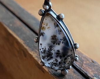 Dendritic Agate Necklace, Turkish Agate Pendant, Gift for Her, Handcrafted Sterling Silver Cabochon Jewelry