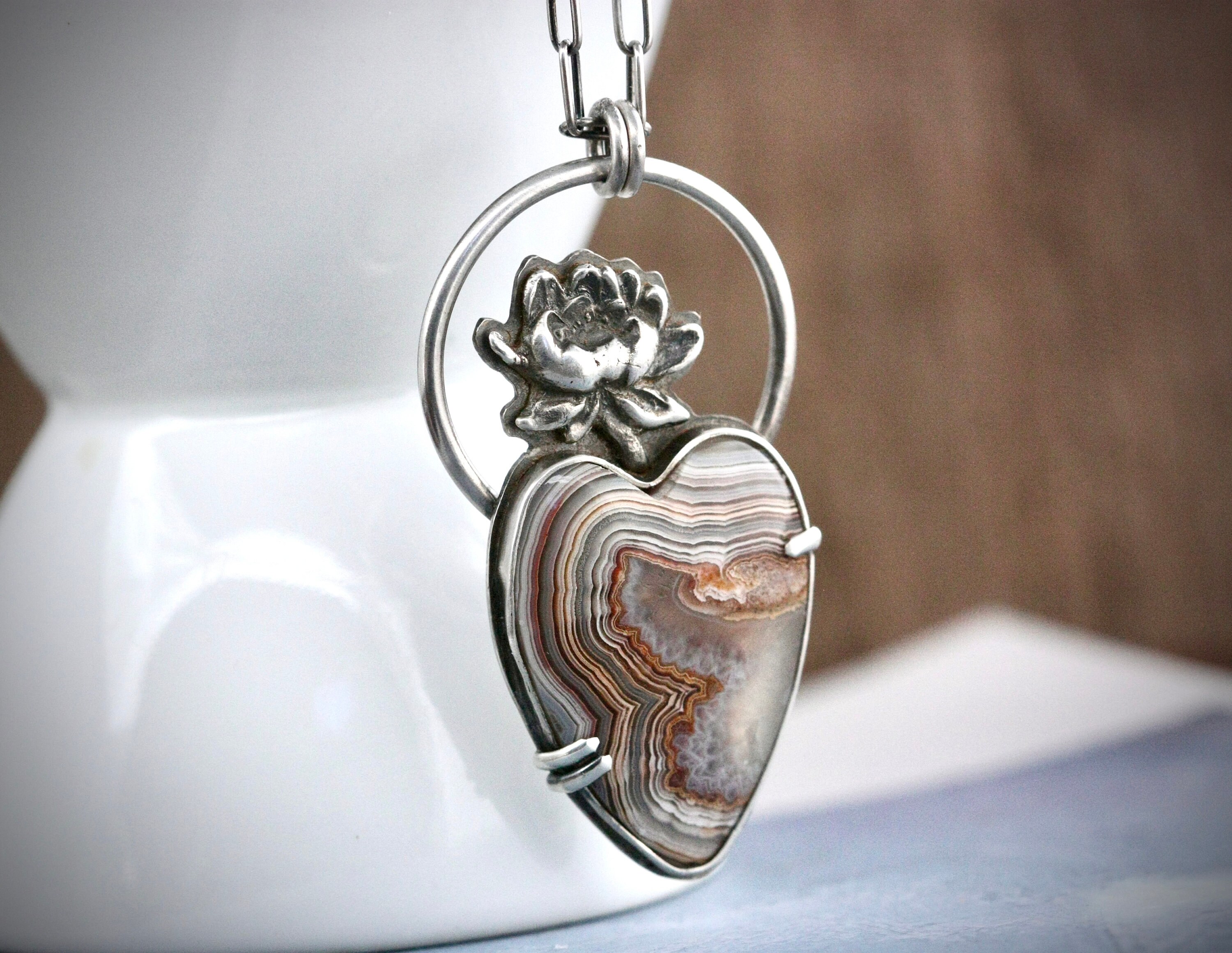 Radiant Heart Necklace. Lace Agate Pendant, Sterling Silver, No Mud No Lotus, Lovingkindness, Buddhist, Paperclip Chain