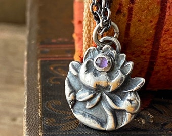 Silver Lotus Flower Necklace, Water Lily Pendant,  Amethyst Gemstone, Buddhist Jewelry, Sterling Silver Flower, Yoga Jewelry