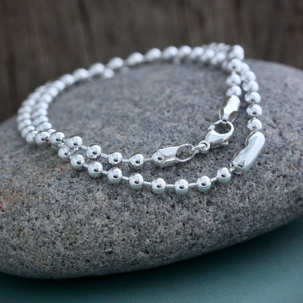Sterling Silver Dog Tag Chain Bracelet or Necklace,  4mm Oxidized or Bright Bead Chain, Sterling Ball Chain, Silver Dog Tag Bracelet, .925