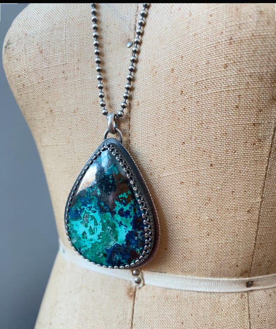 Azurite Malachite Necklace, Owl Moon Jewelry, Crescent Moon Pendant, Blue Green Cabochon
