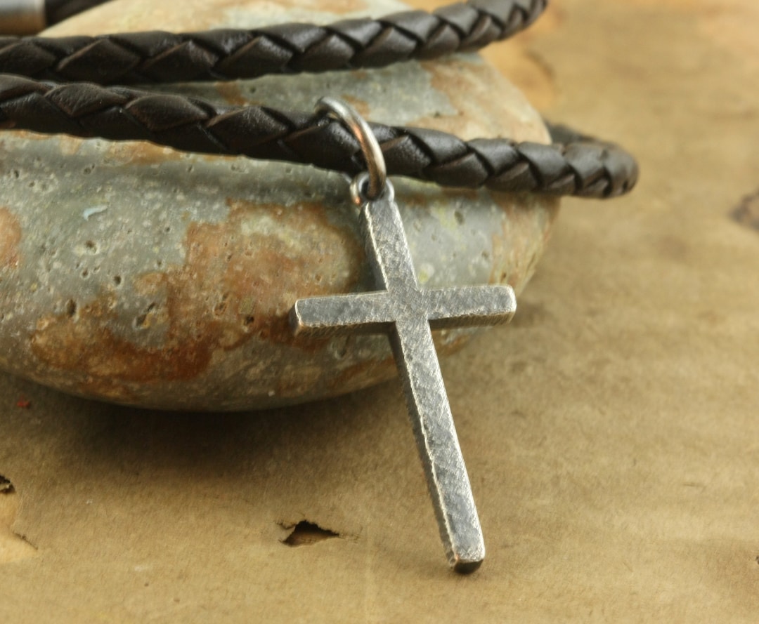 Mens Leather Cross Necklace, Rustic Sterling Silver Cross, Christian
