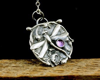 Silver Dragonfly Necklace, Lotus Pendant, Silver Wing,  Art Nouveau Sterling Silver, Amethyst February Birthstone