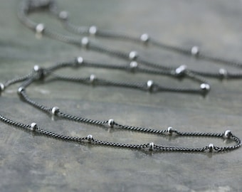 Sterling Silver Satellite Chain, Oxidized Curb Layering Necklace, 1mm, 1.9mm Bead Dainty Chain, 15, 16, 17, custom Lengths