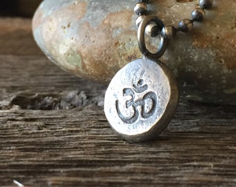 Silver Om Aum Necklace, Small Unisex Ohm Necklace, Recycled Hammered Om Charm, Rustic or Bright Finish, Buddhist Jewelry