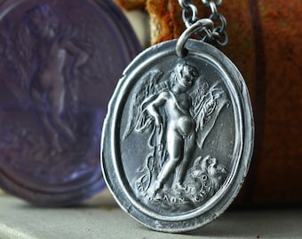 Cupid Wax Seal Necklace, Cherub Jewelry, Sterling Silver Wax Seal Necklace