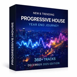 Può includere: Una scatola blu scuro con le parole "NEW & TRENDING PROGRESSIVE HOUSE" in bianco. Sotto c'è "YEAR END JOURNEY" e "360+ TRACKS DECEMBER 2025 EDITION". Lo sfondo mostra uno skyline urbano con un'onda sonora colorata.
