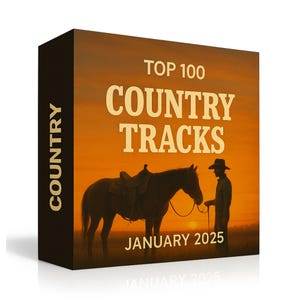 May include: A CD case with a sunset background featuring a horse, cowboy, and the text "TOP 100 COUNTRY TRACKS JANUARY 2025." The spine reads "COUNTRY."